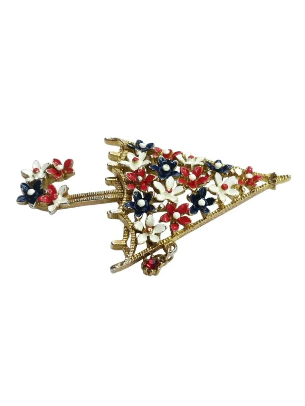 Lisner Umbrella Brooch, Rhinestone Dangle Red White Blue Enamel Flowers Pin, A16